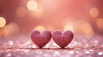 ai generado espumoso corazones forma en el rosado Brillantina con bokeh ligero antecedentes. para enamorado celebrando concepto. generativo ai foto