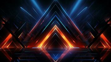 AI generated Abstract geometric neon lights on black background. Dynamic glowing neon lines over the dark color. Fast moving light effect, data transfer concept light. Generative AI photo