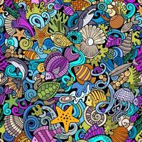 Cartoon doodles Sea Life seamless pattern. vector