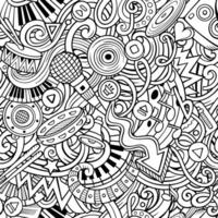 Music hand drawn doodles seamless pattern. Musical instruments background. vector