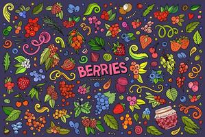 Cartoon Berry fruits objects and symbols doodle set vector