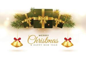 alegre Navidad festival deseos tarjeta con regalo cajas y campana vector
