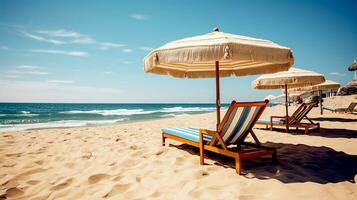 AI generated Portrait of beach chairs. Side view of lounge chairs with umbrella on the beach sand. Beach view at around, holiday, vacations concept. Generative AI photo