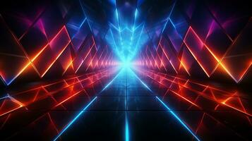 AI generated Abstract geometric neon lights on black background. Dynamic glowing neon lines over the dark color. Fast moving light effect, data transfer concept light. Generative AI photo