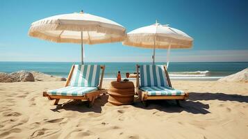 AI generated Portrait of beach chairs. Front view of lounge chairs with umbrella on the beach sand. Beach view at around, holiday, vacations concept. Generative AI photo