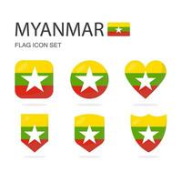 Myanmar 3d flag icons of 6 shapes all isolated on white background. vector