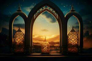 AI generated Divine Ramadan Eid Mubarak Mosque silhouette, lantern, radiant background photo