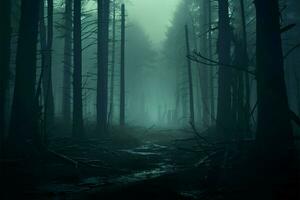 ai generado misterioso visión 3d representación de un niebla cubierto bosque, Siniestro concepto foto