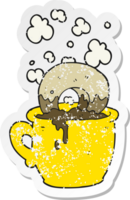 retro distressed sticker of a cartoon donut dunked in coffee png