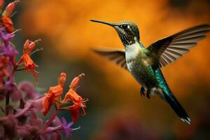 AI generated Hummingbirds delicate charm showcased in a portrait with vibrant flowers photo