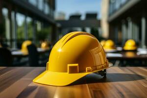 ai generado sitio de trabajo preparación construcción trabajadores amarillo casco presentado en un mesa foto