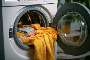 ai generado casa faena un mans mano lugares vestidos en un lavadora foto