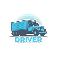 Logistic company logo in retro vintage vector illustration style. Old truck company brand identity.