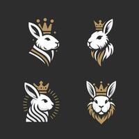 Rabbit wearing king's crown emblem logo vector set illustration. Majestic and luxury rabbit logo set.