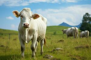 AI generated Meadow encounter a white cow captivates in the green expanse photo