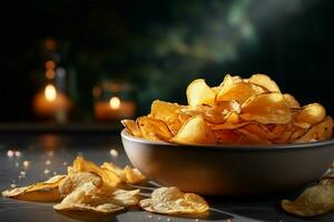 AI generated Irresistible crunch savoring the deliciousness of golden, crispy potato chips photo