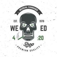 Medical cannabis badge, label with skeleton skull, smoking marijuana Vector. Vintage typography logo design with cannabis, skull, skeleton hand silhouette For weed shop, marijuana delivery service vector