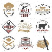 Set of butcher shop and Bakery shop badge, label. Vector. Vintage logo design with cow, chicken, rolling pin, dough, silhouette. For restaurant identity objects, packaging, menu vector