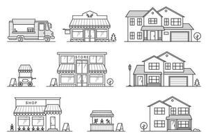 Set of store, shop, house, street store cart and truck icons. Vector. For web design and application interface, also useful for infographics. Modern minimalist design with facade building vector