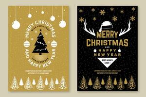 Merry Christmas and Happy New Year poster, flyer, greeting cards Set quotes with snowflakes, hanging christmas ball, tree. Vector illustration. Vintage design for xmas, new year emblem in retro style