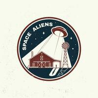 Space Aliens. Humans are not alone, shirt, t, design, print. Vector Concept for shirt, print, stamp, overlay or template. Vintage typography design with ufo flying spaceship and farm silhouette.