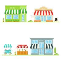 Set of store, shop, street store cart and truck icons. Vector. For web design and application interface, also useful for infographics. Modern minimalist design with facade store building vector