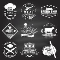 Set of butcher shop and Bakery shop badge, label. Vector. Vintage logo design with cow, chicken, rolling pin, dough, silhouette. For restaurant identity objects, packaging, menu vector