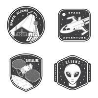Set of space mission logo, badge, patch. Vector Concept for shirt, print, stamp. Vintage typography design with space rocket, alien, mars rover and satellite on the moon and earth silhouette.