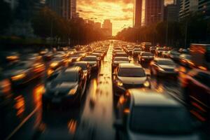 AI generated City gridlock traffic jam blur illustrates the hustle and frustration of urban congestion photo