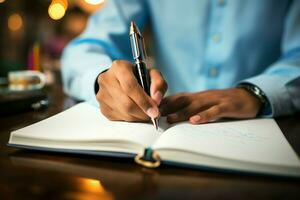 AI generated Author at work Mans hand engrossed in writing a book photo