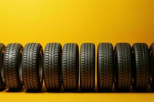 AI generated Tire symmetry Row of tires align perfectly on a yellow background photo