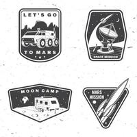 Set of space mission logo, badge, patch. Vector Concept for shirt, print, stamp, overlay or template. Vintage typography design with space rocket, camper van on the moon and earth silhouette.