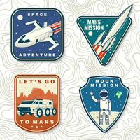 Set of space mission logo, badge, patch. Vector Concept for shirt, print, stamp, overlay or template. Vintage typography design with space rocket, astronaut on the moon and earth silhouette.