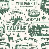 Set of outdoor adventure seamless pattern, background. Vector. Seamless camping pattern with RV Motorhome, camping trailer, compass and off-road car silhouette. Camping texture vector
