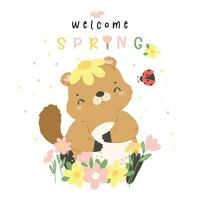 Happy groundhog day with smiling baby groundhog and flowers cartoon animal vector