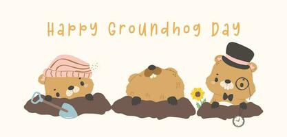 Happy groundhog day with group of cheerful cartoon groundhogs in burrow predicting weather banner. vector