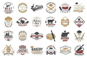 Set of butcher shop and Bakery shop badge, label. Vector. Vintage logo design with cow, chicken, rolling pin, dough, silhouette. For restaurant identity objects, packaging, menu vector