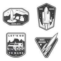 Set of space mission logo, badge, patch. Vector Concept for shirt, print, stamp. Vintage typography design with space rocket, mars rover and city on mars silhouette