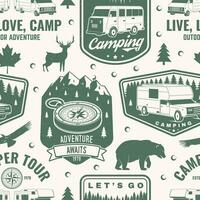 Set of outdoor adventure seamless pattern, background. Vector. Seamless camping pattern with RV Motorhome, camping trailer, compass and off-road car silhouette. Camping texture vector