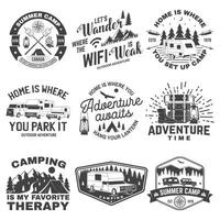 Set of camping badges, patches. Camping quote. Vector. Concept for shirt or logo, print, stamp or tee. Vintage typography design with rv, motor home, camping trailer silhouette. vector