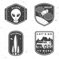 Set of space mission logo, badge, patch. Vector Concept for shirt, print, stamp. Vintage typography design with space rocket, alien, mars rover and satellite on the moon and earth silhouette.