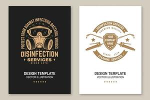 Set of disinfection, cleaning services covers, invitations, posters, banners, flyers Vector. For professional disinfection, cleaning company. design with disinfectant worker and respirator, sprayer vector