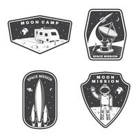 Set of space mission logo, badge, patch. Vector Concept for shirt, print, stamp, overlay or template. Vintage typography design with space rocket, astronaut on the moon and earth silhouette.