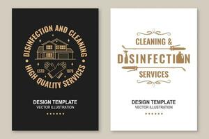 Set of disinfection, cleaning services covers, invitations, posters, banners, flyers Vector. For professional disinfection, cleaning company. design with disinfectant worker and respirator, sprayer vector