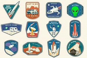 Set of space mission logo, badge, patch. Vector. Concept for shirt, print, stamp. Vintage typography design with space rocket, alien, mars city, camper van on the moon and earth silhouette vector