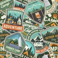 Summer camp colorful seamless pattern with rv trailer, camping tent, campfire, bear, man with guitar and forest. Vector. Background, wallpaper, seamless pattern with patches vector