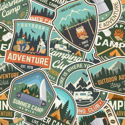 Summer camp colorful seamless pattern with rv trailer, camping tent, campfire, bear, man with guitar and forest. Vector. Background, wallpaper, seamless pattern with patches