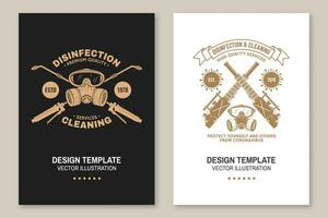 Set of disinfection, cleaning services covers, invitations, posters, banners, flyers Vector. For professional disinfection, cleaning company. design with disinfectant worker and respirator, sprayer vector