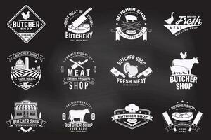 Set of butcher shop badge or label with cow, Beef, chicken. Vector. Vintage typography logo design with cow, chicken silhouette. Butchery meat shop, market, restaurant business. vector