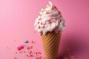 AI generated Ice cream elegance top down view on a charming pink background photo